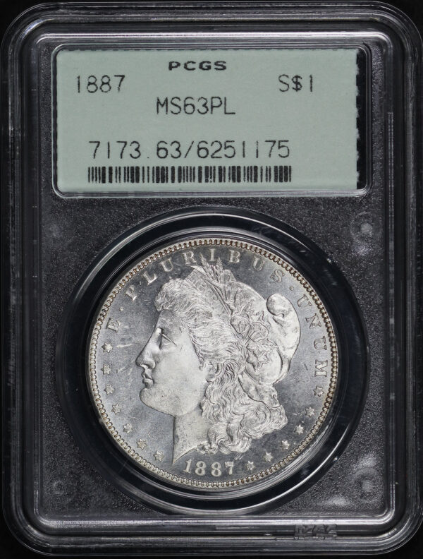 Obverse of this 1887 Morgan Dollar PCGS MS-63 PL Old Green Gasket Holder