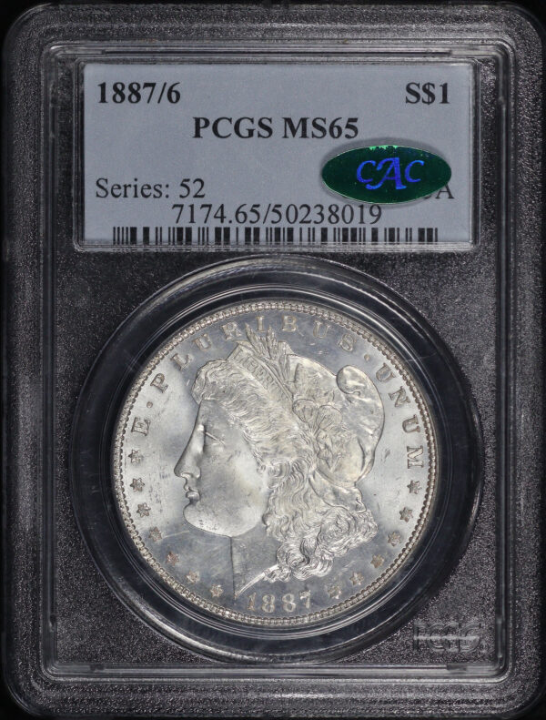 Obverse of this 1887/6 Morgan Dollar Overdate PCGS MS-65 CAC