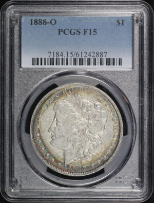 Obverse of this 1888-O Morgan Dollar PCGS F-15 – Dark Rainbow Crescent Toning