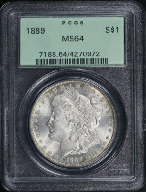 Obverse of this 1889 Morgan Dollar PCGS MS-64 Old Green Holder