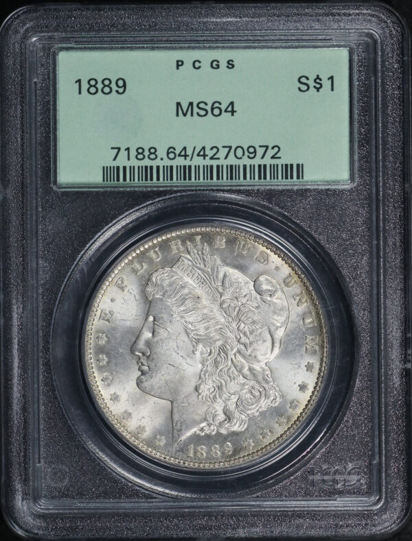 Obverse of this 1889 Morgan Dollar PCGS MS-64 Old Green Holder