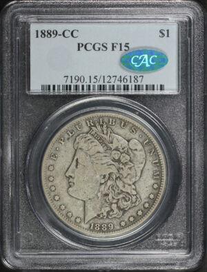 Obverse of this 1889-CC Morgan Dollar PCGS F-15 CAC