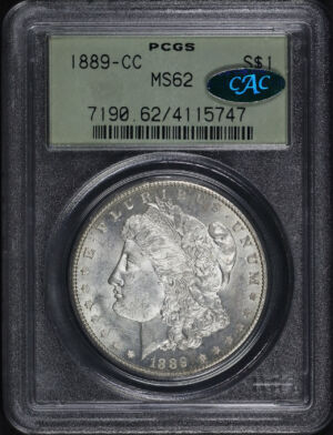 Obverse of this 1889-CC Morgan Dollar PCGS MS-62 CAC Old Green Holder