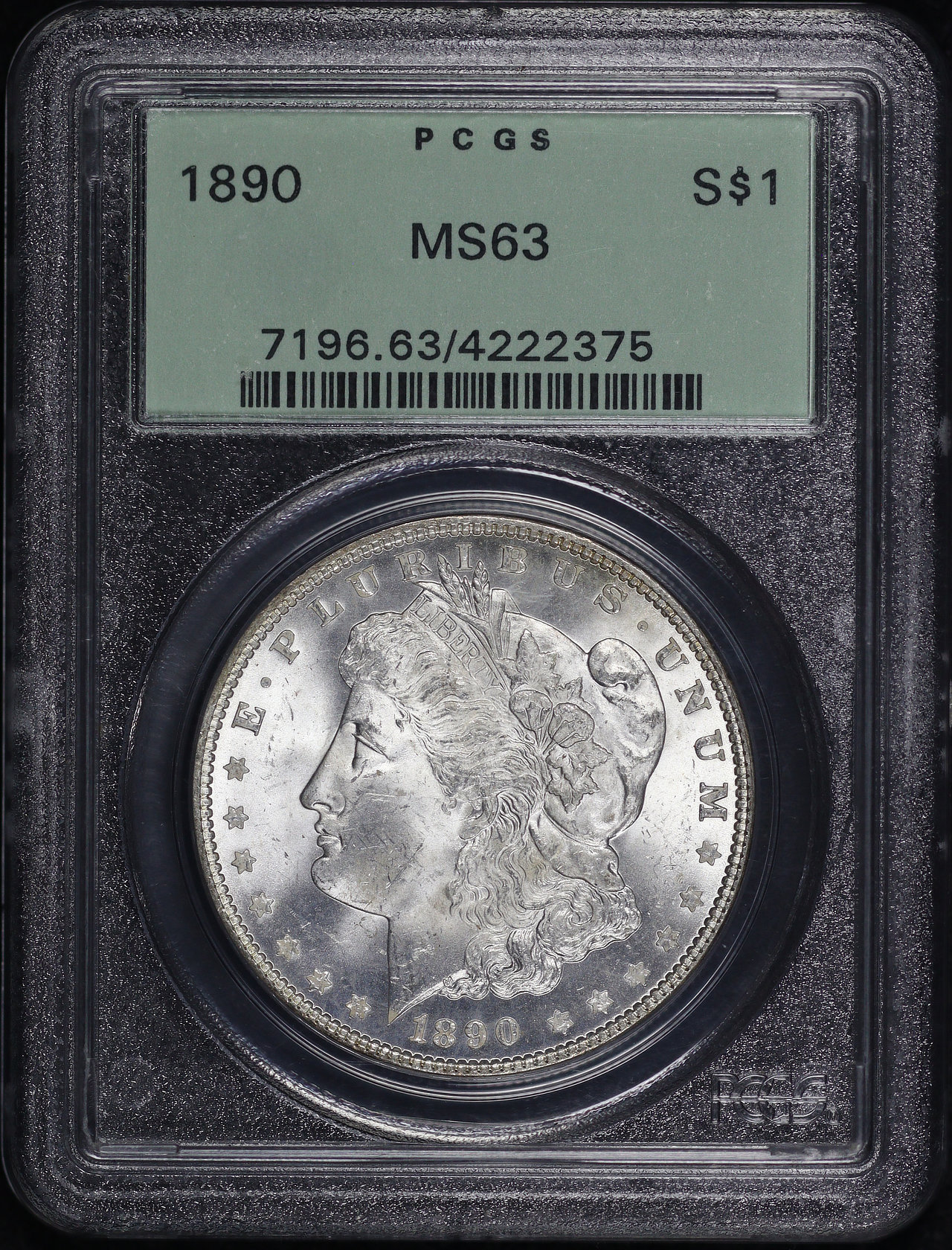 Obverse of this 1890 Morgan Dollar PCGS MS-63 Old Green Holder