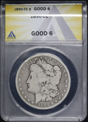 Obverse of this 1890-CC Morgan Dollar ANACS G-6