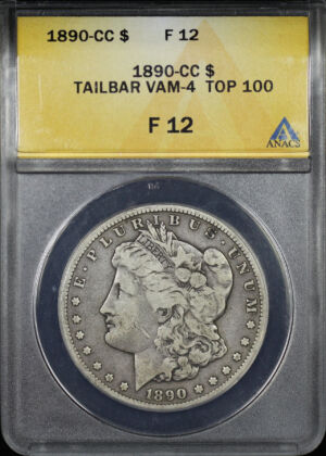 Obverse of this 1890-CC Top 100 VAM-4 Tailbar Morgan Dollar ANACS F-12