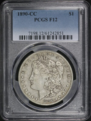 Obverse of this 1890-CC Morgan Dollar PCGS F-12