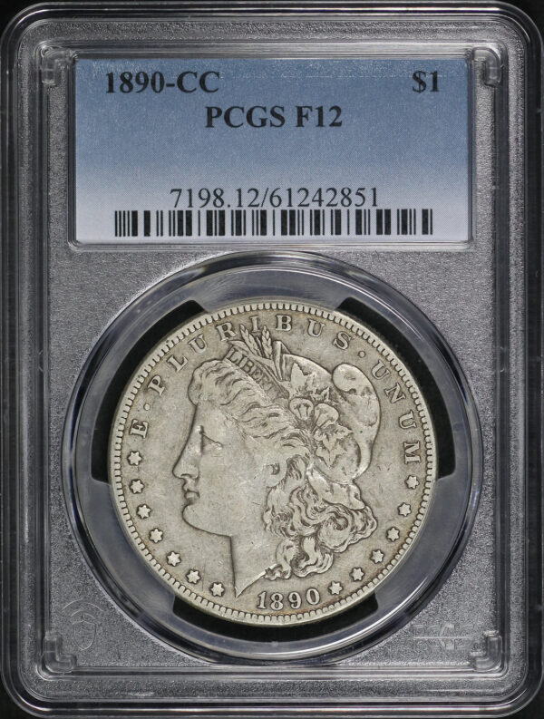 Obverse of this 1890-CC Morgan Dollar PCGS F-12