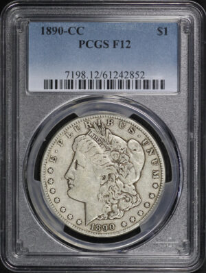 Obverse of this 1890-CC Morgan Dollar PCGS F-12