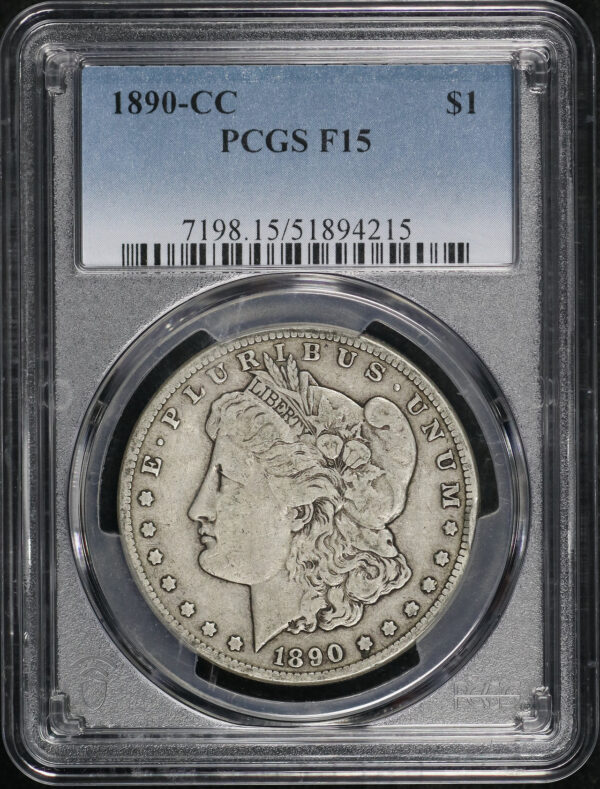 Obverse of this 1890-CC Morgan Dollar PCGS F-15