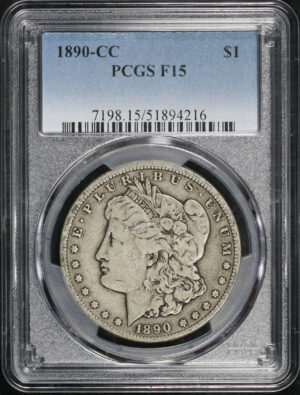 Obverse of this 1890-CC Morgan Dollar PCGS F-15