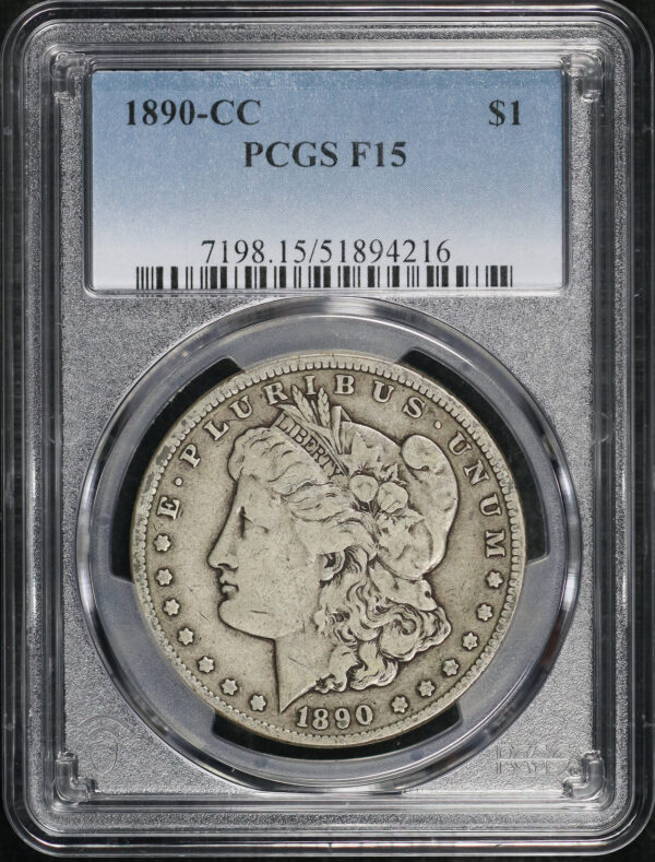 Obverse of this 1890-CC Morgan Dollar PCGS F-15