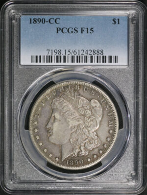 Obverse of this 1890-CC Morgan Dollar PCGS F-15