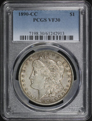 Obverse of this 1890-CC Morgan Dollar PCGS VF-30