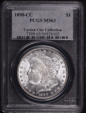 Obverse of this 1890-CC Morgan Dollar PCGS MS-63 Carson City Collection Label
