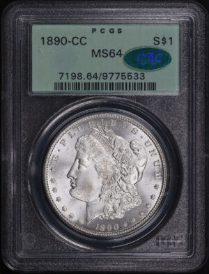 Obverse of this 1890-CC Morgan Dollar PCGS MS-64 CAC Old Green Holder