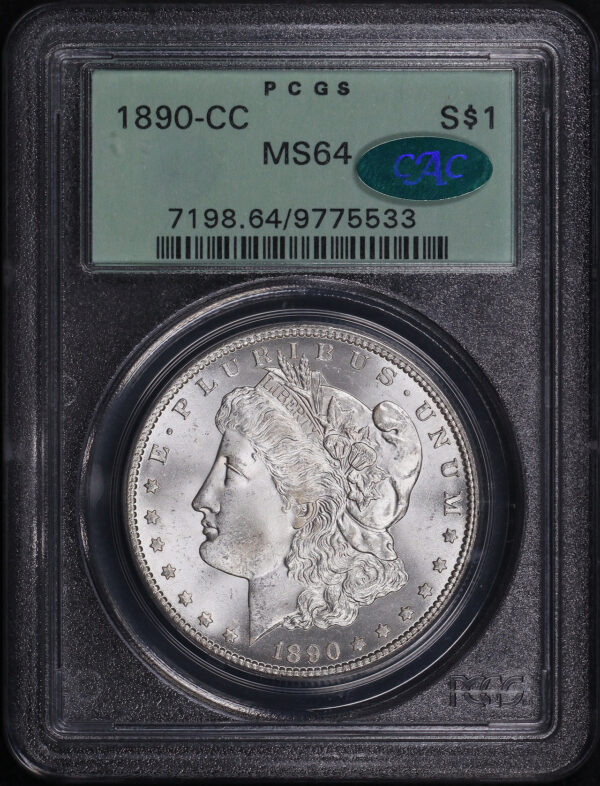 Obverse of this 1890-CC Morgan Dollar PCGS MS-64 CAC Old Green Holder