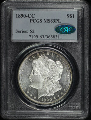 Obverse of this 1890-CC Morgan Dollar PCGS MS-63 PL CAC
