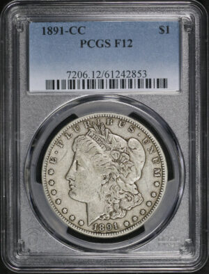 Obverse of this 1891-CC Morgan Dollar PCGS F-12