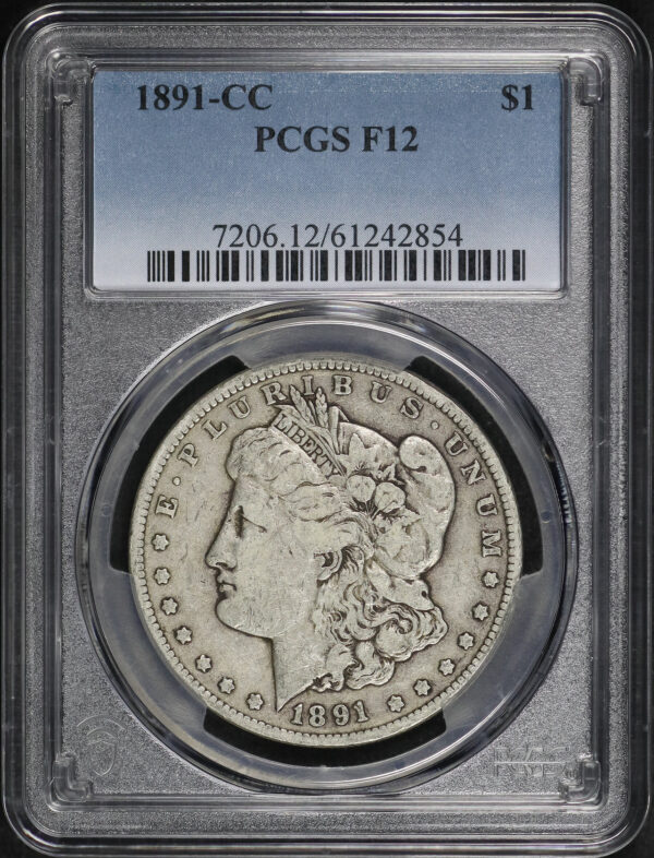 Obverse of this 1891-CC Morgan Dollar PCGS F-12