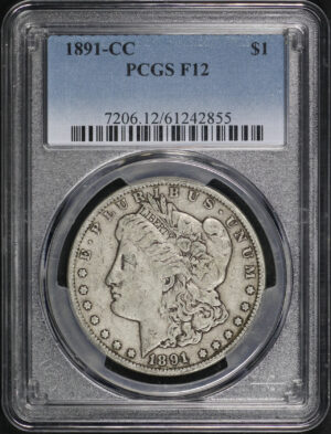 Obverse of this 1891-CC Morgan Dollar PCGS F-12