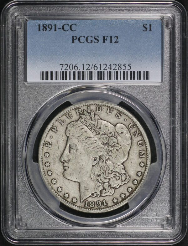 Obverse of this 1891-CC Morgan Dollar PCGS F-12