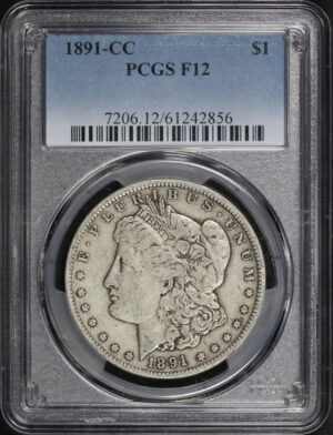 Obverse of this 1891-CC Morgan Dollar PCGS F-12