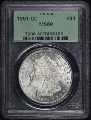 Obverse of this 1891-CC Morgan Dollar PCGS MS-60 Old Green Holder