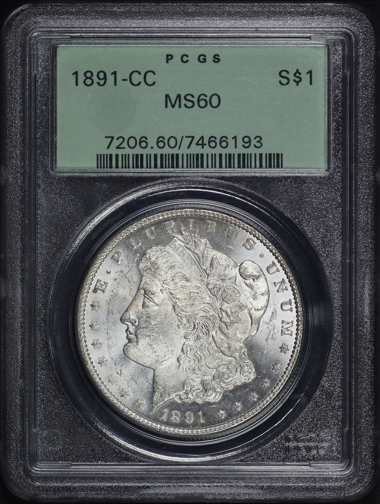 Obverse of this 1891-CC Morgan Dollar PCGS MS-60 Old Green Holder
