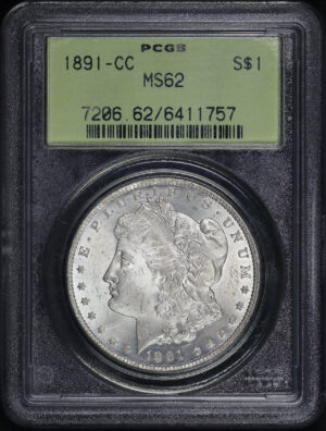 Obverse of this 1891-CC Morgan Dollar PCGS MS-62 Old Green Holder