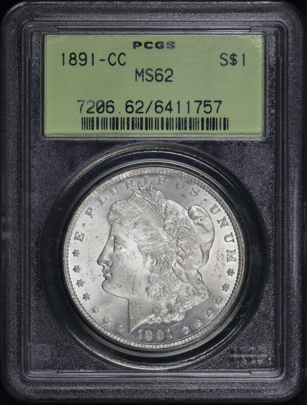 Obverse of this 1891-CC Morgan Dollar PCGS MS-62 Old Green Holder