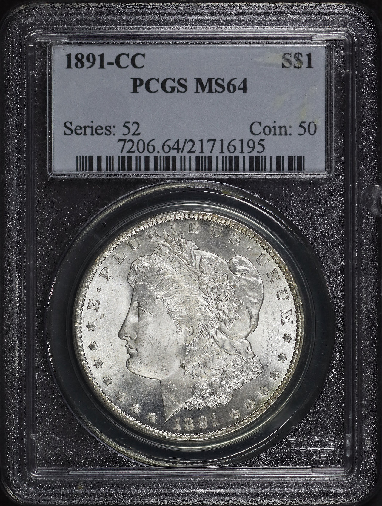 Obverse of this 1891-CC Morgan Dollar PCGS MS-64 Reverse Rainbow Toning