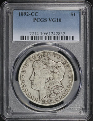 Obverse of this 1892-CC Morgan Dollar PCGS VG-10