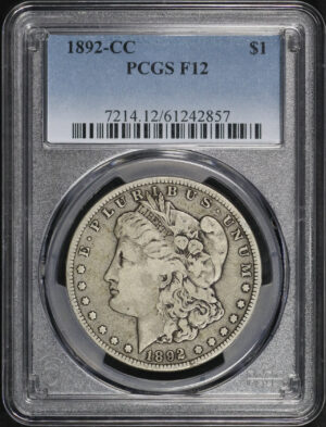 Obverse of this 1892-CC Morgan Dollar PCGS F-12