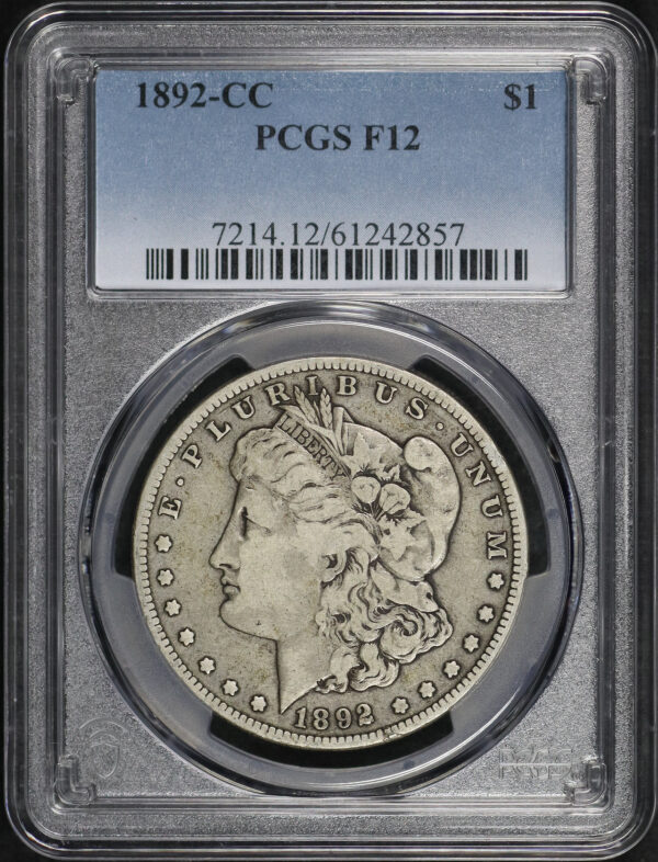 Obverse of this 1892-CC Morgan Dollar PCGS F-12