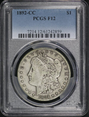 Obverse of this 1892-CC Morgan Dollar PCGS F-12