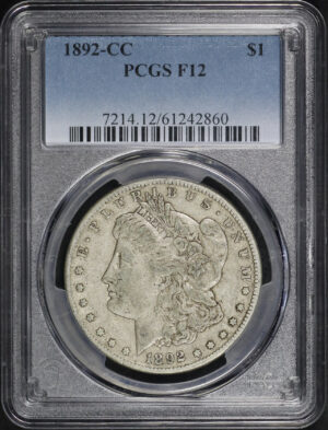Obverse of this 1892-CC Morgan Dollar PCGS F-12