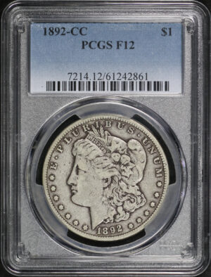 Obverse of this 1892-CC Morgan Dollar PCGS F-12