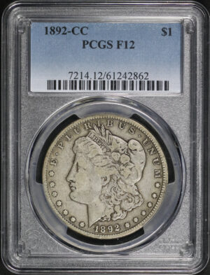 Obverse of this 1892-CC Morgan Dollar PCGS F-12