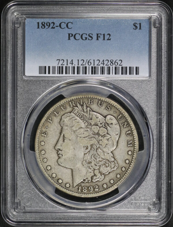Obverse of this 1892-CC Morgan Dollar PCGS F-12