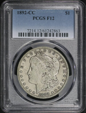 Obverse of this 1892-CC Morgan Dollar PCGS F-12