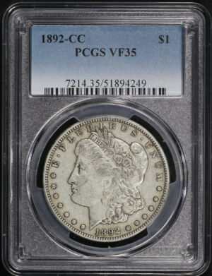 Obverse of this 1892-CC Morgan Dollar PCGS VF-35
