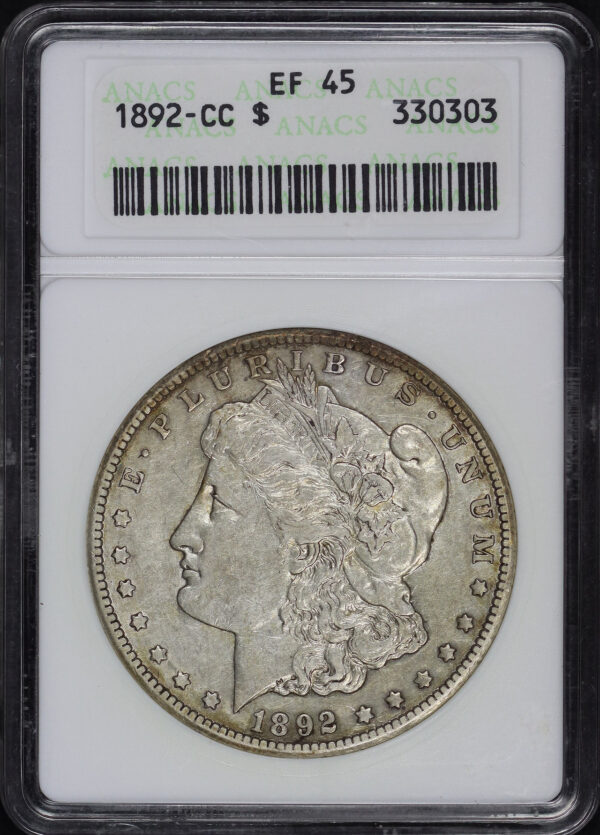 Obverse of this 1892-CC Morgan Dollar ANACS EF-45 First Generation Holder