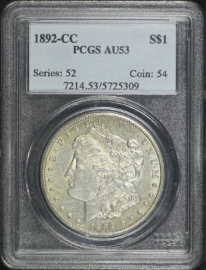 Obverse of this 1892-CC Morgan Dollar PCGS AU-53