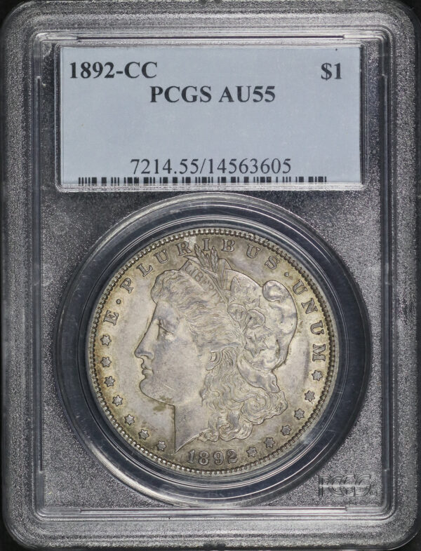 Obverse of this 1892-CC Morgan Dollar PCGS AU-55