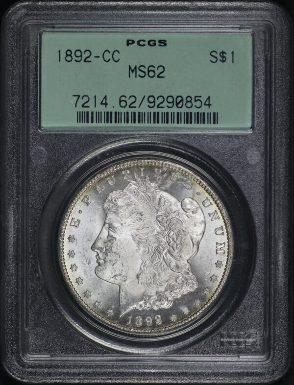 Obverse of this 1892-CC Morgan Dollar PCGS MS-62 Old Green Holder