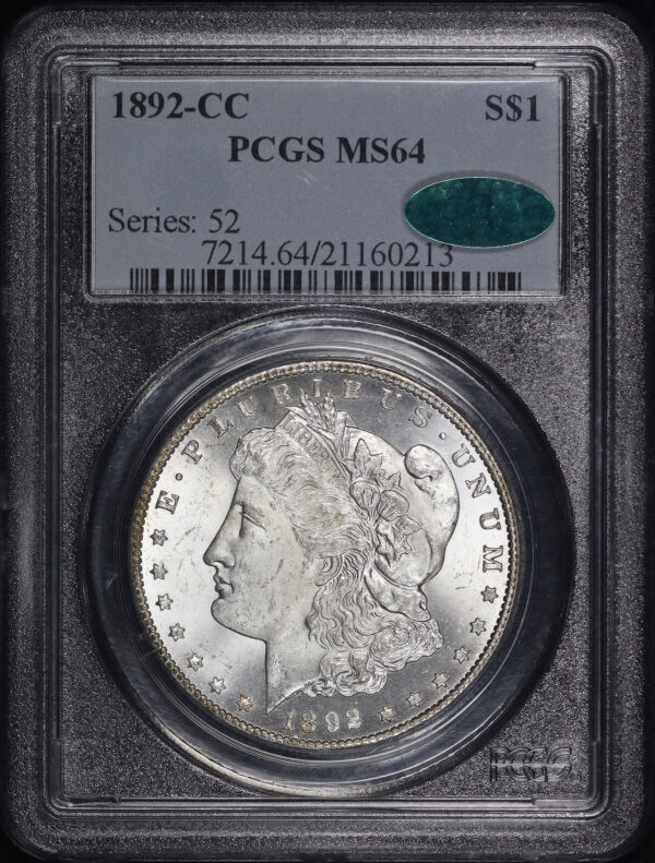 Obverse of this 1892-CC Morgan Dollar PCGS MS-64 CAC