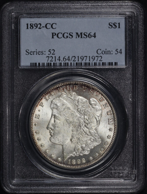 Obverse of this 1892-CC Morgan Dollar PCGS MS-64