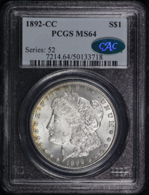 Obverse of this 1892-CC Morgan Dollar PCGS MS-64 CAC