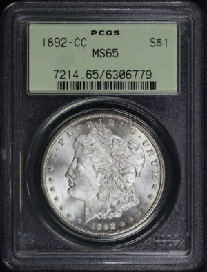 Obverse of this 1892-CC Morgan Dollar PCGS MS-65 Old Green Holder